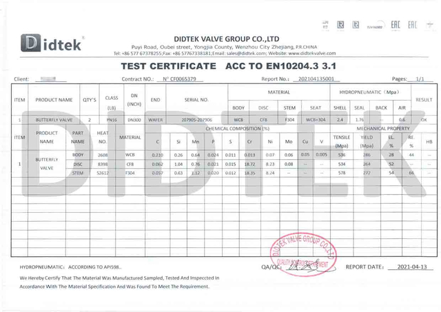 ใบรับรองการทดสอบ Lockfly Valve ACC ถึง EN10204.3 3